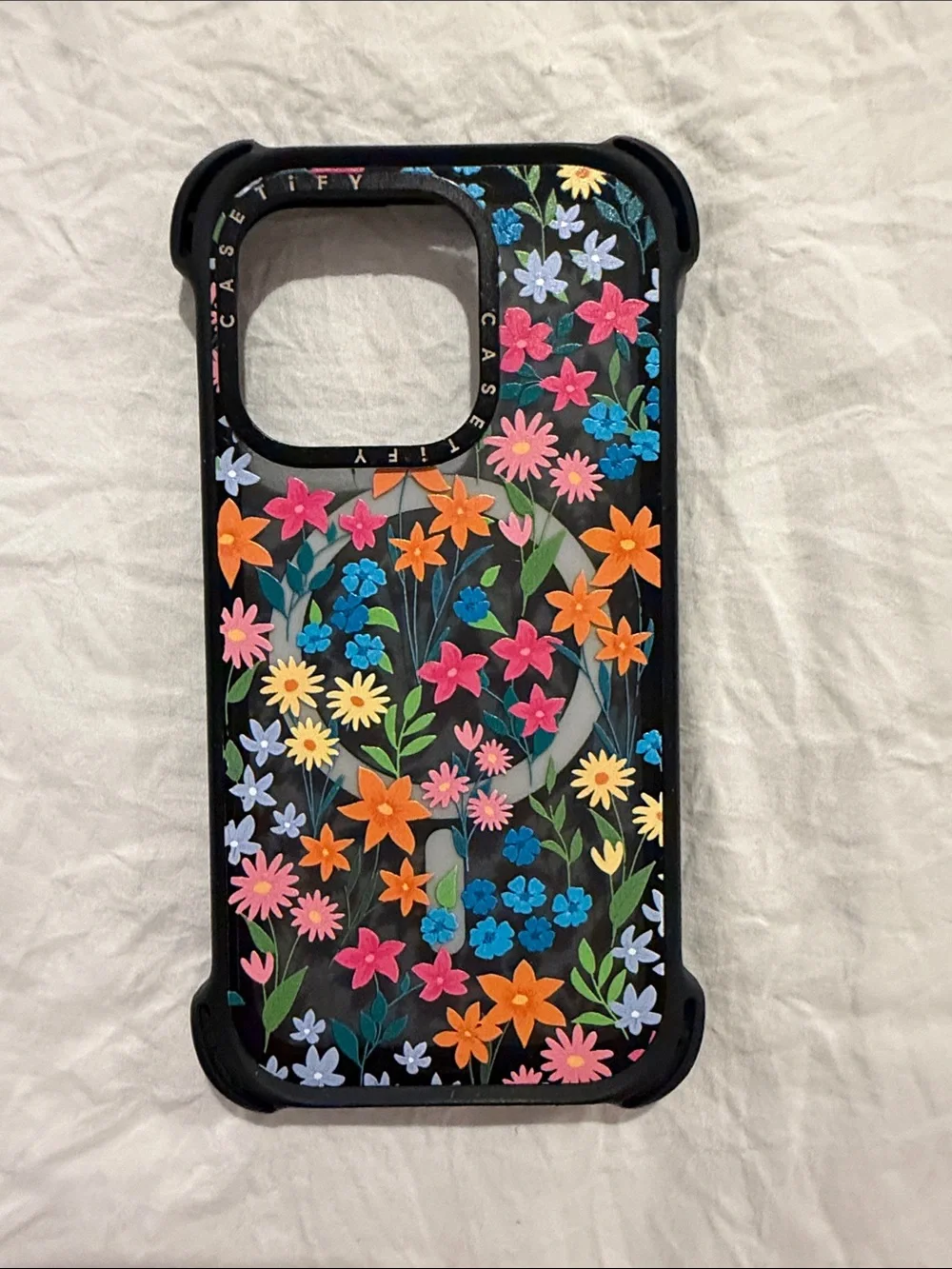 Casetify Black Floral Phone Case with Orange, Pink, Blue, Yellow & Green Flowers